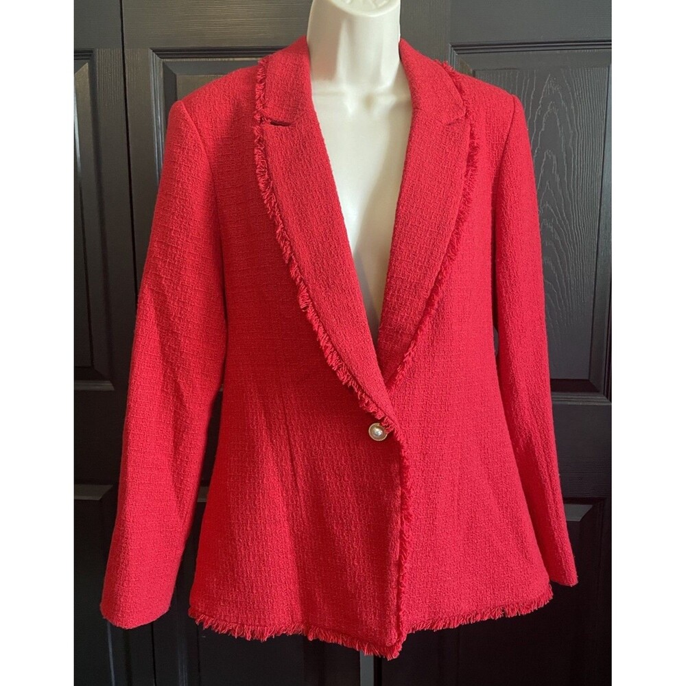 Nanette Lepore Red Tweed Blazer Jacket Pearl Button Fringe Trim Size 10 M